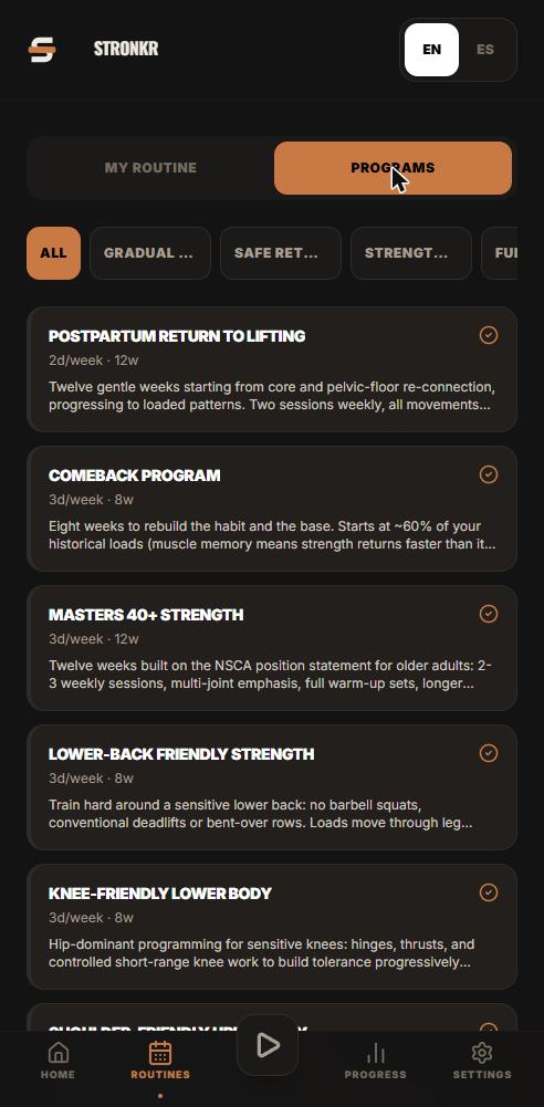 Stronkr program catalogue listing the Comeback Program for a return to lifting after a break