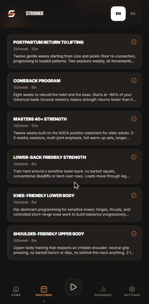 Stronkr adaptive programs list showing Lower-Back Friendly, a lower back friendly workout program