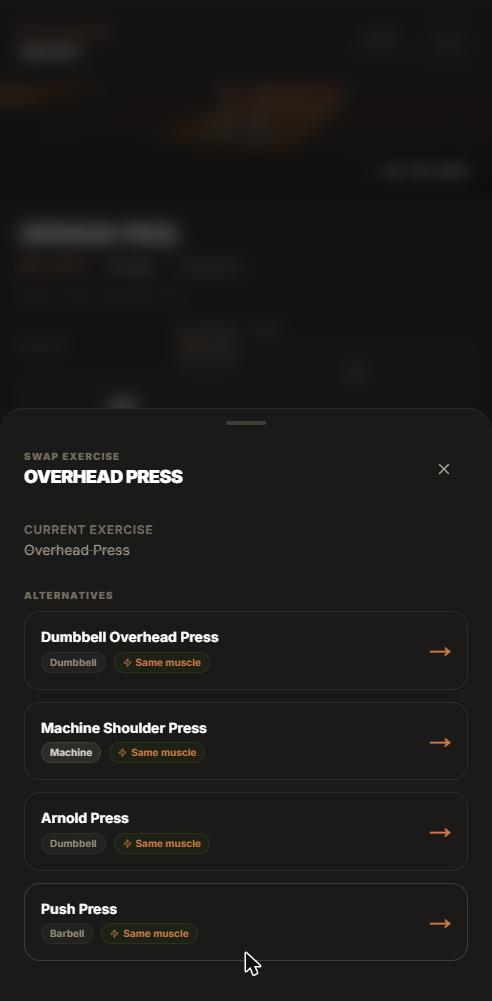 Stronkr swap sheet showing workout app exercise substitution options tagged by available equipment