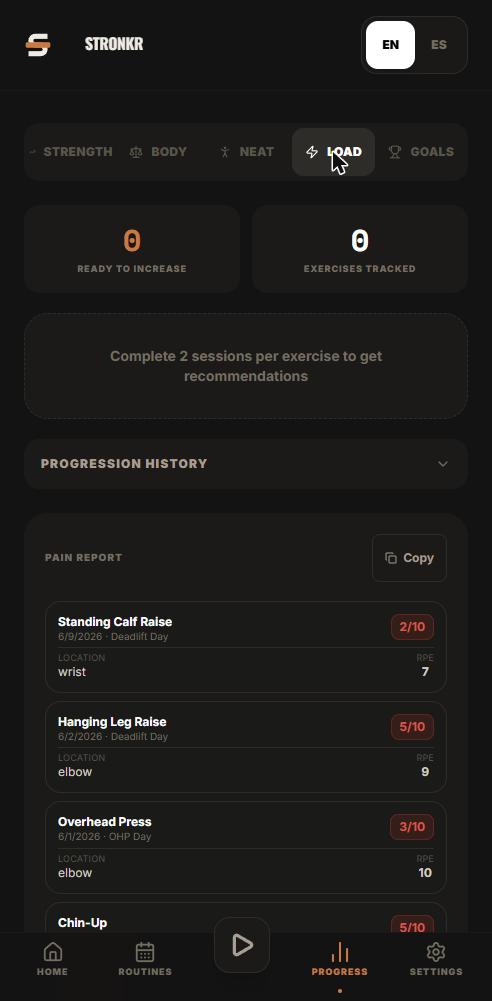 Stronkr Progress, Load screen, where automatic pr tracking surfaces per-exercise progression history