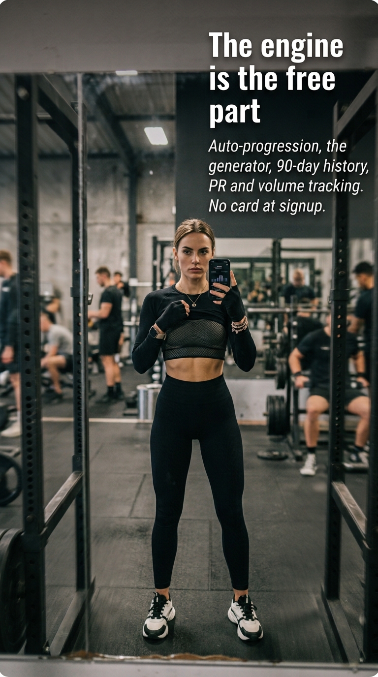 Stronkr's routine generator and free-tier feature list, including auto-progression, 90-day history, PR and volume tracking