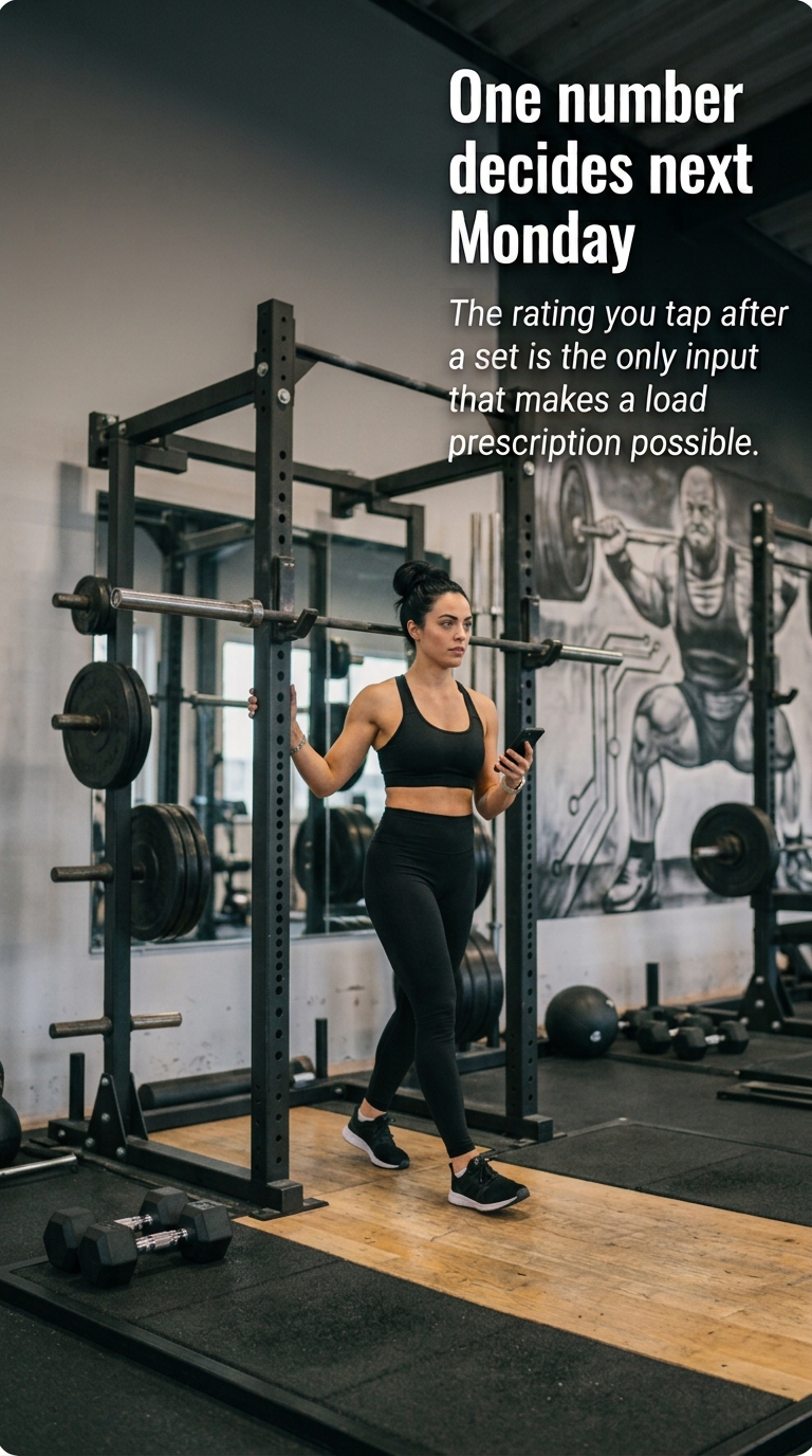 Lifter checking Stronkr's next-session load prescription on her phone at the squat rack