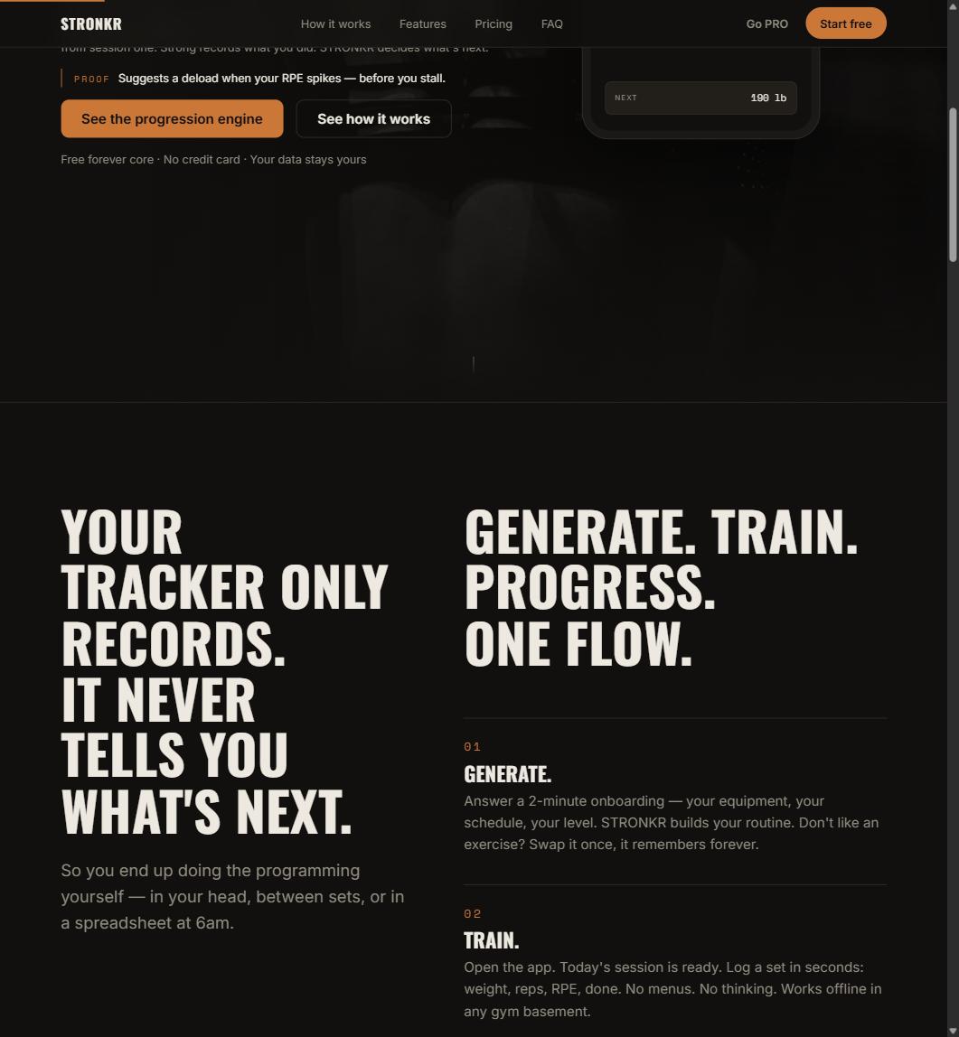 Stronkr site section explaining why a tracker that only records leaves you maintaining a workout spreadsheet