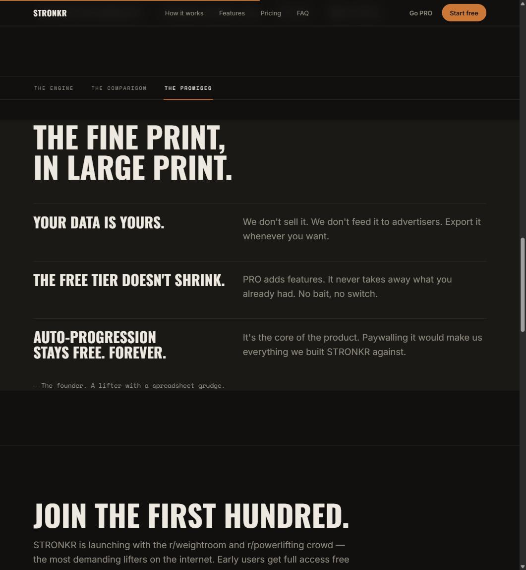 The Promises fine print on the Stronkr site backing the free workout app no paywall commitment
