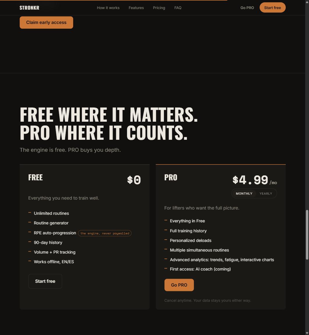 Stronkr pricing page showing the free column beside PRO at $4.99 a month